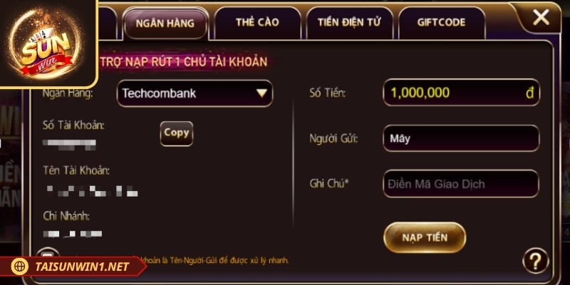 Điền đủ thông tin nạp tiền SUNWIN qua ngân hàng