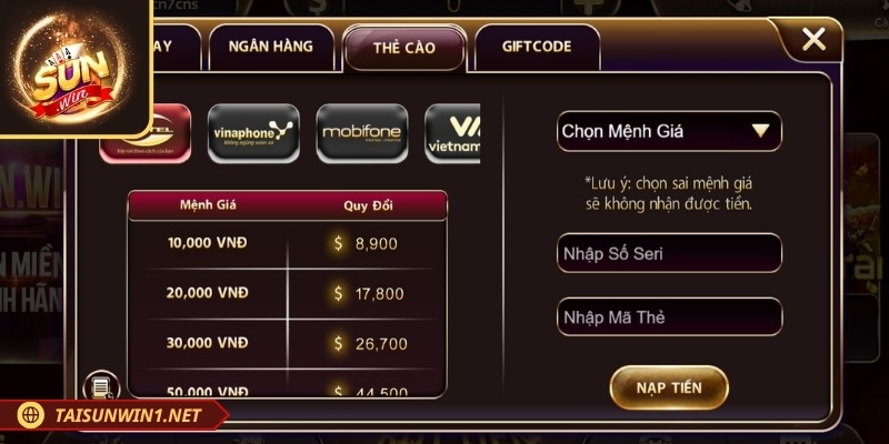 Chọn mệnh giá thẻ cào